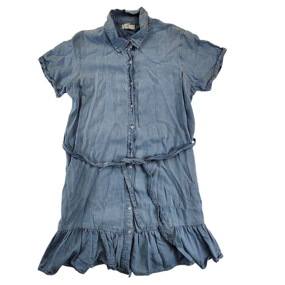 Japna Blue Lyocell Chambray S‎ Shirt Dress Short Sleeve Ruffle Boho Coastal READ